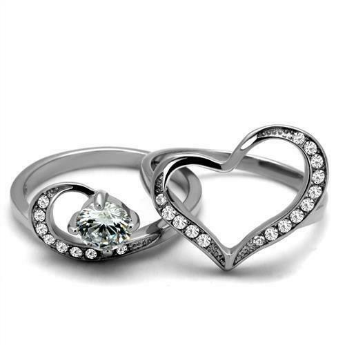 Jewellery Kingdom Ladies Engagement Wedding Heart Band Stainless Steel Ring Set (Silver) - Jewelry Rings - British D'sire