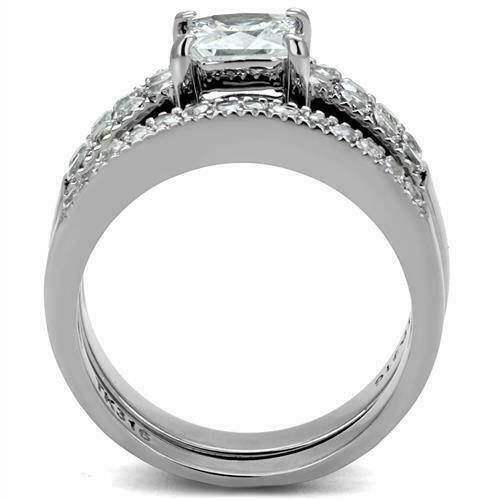 Jewellery Kingdom Ladies Engagement Wedding Princess Cut Two Carat Stainless Steel Ring Set (Silver) - Jewelry Rings - British D'sire