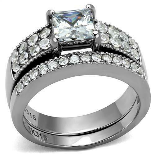 Jewellery Kingdom Ladies Engagement Wedding Princess Cut Two Carat Stainless Steel Ring Set (Silver) - Jewelry Rings - British D'sire Main image
