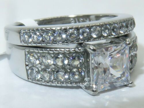 Jewellery Kingdom Ladies Engagement Wedding Princess Cut Two Carat Stainless Steel Ring Set (Silver) - Jewelry Rings - British D'sire