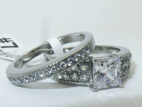 Jewellery Kingdom Ladies Engagement Wedding Princess Cut Two Carat Stainless Steel Ring Set (Silver) - Jewelry Rings - British D'sire