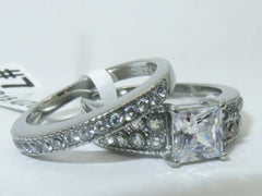 Jewellery Kingdom Ladies Engagement Wedding Princess Cut Two Carat Stainless Steel Ring Set (Silver) - Jewelry Rings - British D'sire