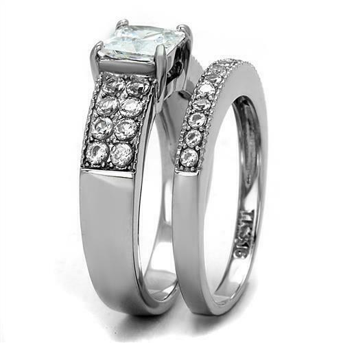 Jewellery Kingdom Ladies Engagement Wedding Princess Cut Two Carat Stainless Steel Ring Set (Silver) - Jewelry Rings - British D'sire