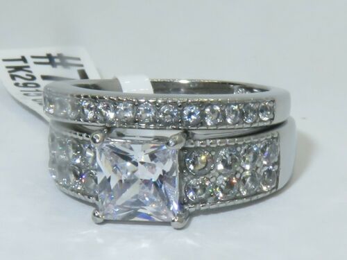Jewellery Kingdom Ladies Engagement Wedding Princess Cut Two Carat Stainless Steel Ring Set (Silver) - Jewelry Rings - British D'sire