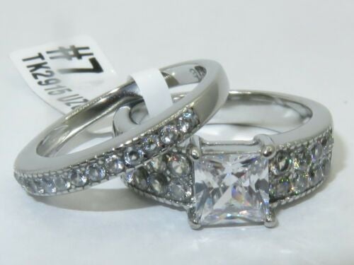 Jewellery Kingdom Ladies Engagement Wedding Princess Cut Two Carat Stainless Steel Ring Set (Silver) - Jewelry Rings - British D'sire
