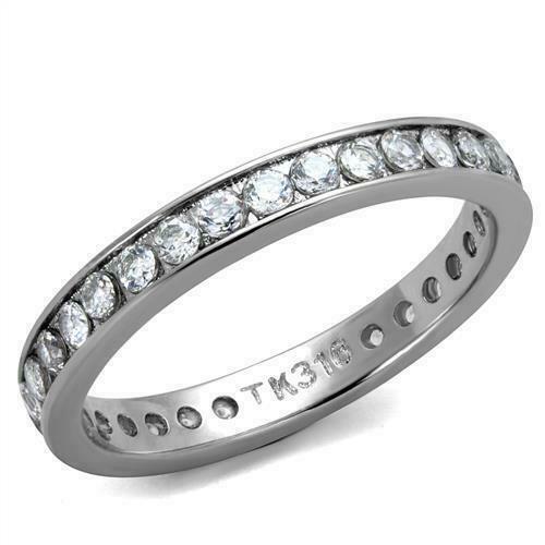 Jewellery Kingdom Ladies Eternity 3mm Stacking Cubic Zirconia Band Wedding Stainless Steel Ring (Silver) - Jewelry Rings - British D'sire Main image
