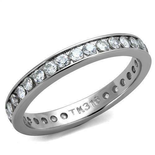 Jewellery Kingdom Ladies Eternity 3mm Stacking Cubic Zirconia Band Wedding Stainless Steel Ring (Silver) - Jewelry Rings - British D'sire