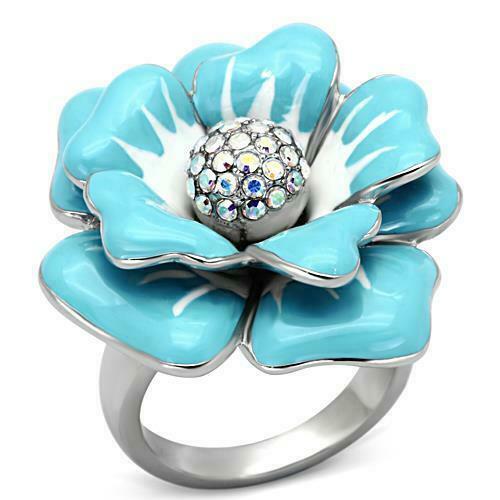 Jewellery Kingdom Ladies Flower Cocktail Rainbow Enamel White Stainless Steel Ring (Blue) - Jewelry Rings - British D'sire Main image
