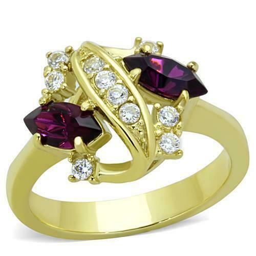 Jewellery Kingdom Ladies Gold Amethyst Marquise 18kt Steel Cubic Zirconia Elegant Ring (Purple) - Jewelry Rings - British D'sire Main image