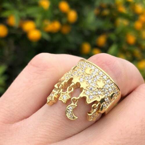 Jewellery Kingdom Ladies Gold Crown Stars Moon Sterling Silver Movable Charms Ring - Jewelry Rings - British D'sire