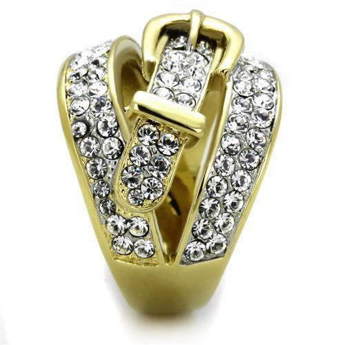 Jewellery Kingdom Ladies Gold Dome Buckle Pave Cubic Zirconia 18kt Steel Comfort Sparkling Ring - Jewelry Rings - British D'sire