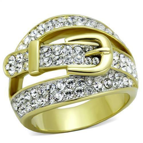 Jewellery Kingdom Ladies Gold Dome Buckle Pave Cubic Zirconia 18kt Steel Comfort Sparkling Ring Secondary image