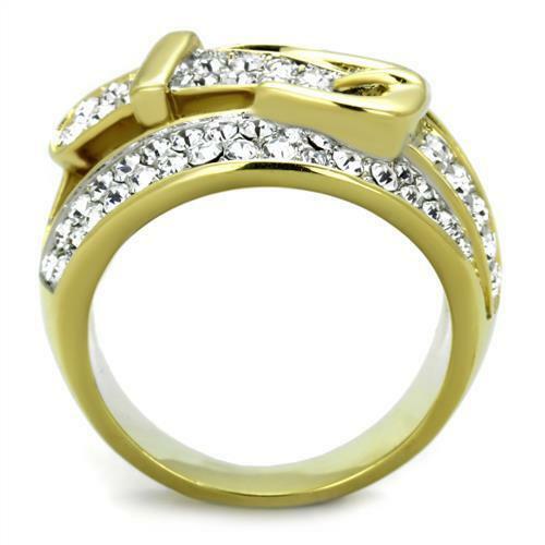 Jewellery Kingdom Ladies Gold Dome Buckle Pave Cubic Zirconia 18kt Steel Comfort Sparkling Ring - Jewelry Rings - British D'sire Main image