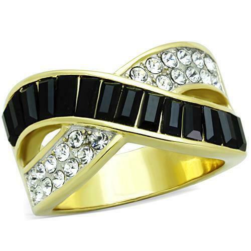 Jewellery Kingdom Ladies Gold Ring Black Crossover Cz Steel 18kt Emerald Cut Jet Dress Ring - Jewelry Rings - British D'sire Main image