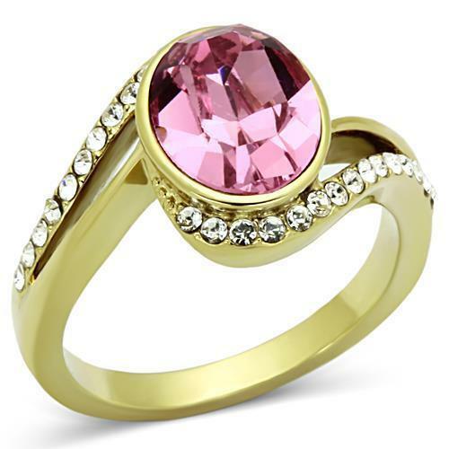 Jewellery Kingdom Ladies Gold Sapphire Oval Cubic Zirconia Bezel 18kt Steel Swirl Pretty Dress Ring (Pink) - Jewelry Rings - British D'sire Main image