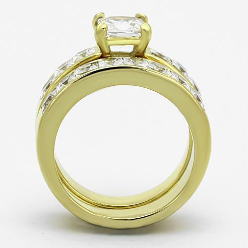 Jewellery Kingdom Ladies Gold Set Princess Cut Cz Engagement Wedding Band Steel 18kt Square Ring - Jewelry Rings - British D'sire