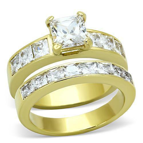 Jewellery Kingdom Ladies Gold Set Princess Cut Cz Engagement Wedding Band Steel 18kt Square Ring - Jewelry Rings - British D'sire