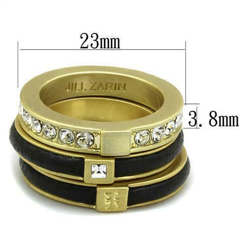 Jewellery Kingdom Ladies Gold Stacking Bands Jill Zarin Designer Leather Set Cz Ring (Black) - Jewelry Rings - British D'sire Main image