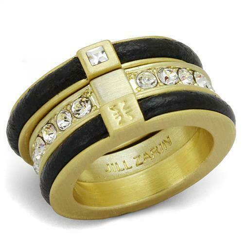 Jewellery Kingdom Ladies Gold Stacking Bands Jill Zarin Designer Leather Set Cz Ring (Black) - Jewelry Rings - British D'sire