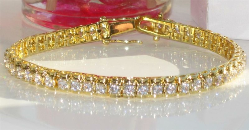 Jewellery Kingdom Ladies Gold Tennis Bracelet 7 Inch 18kt Steel Cubic Zirconia Rollo - Bracelets & Bangles - British D'sire