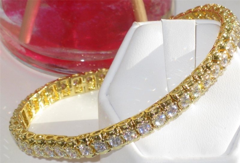 Jewellery Kingdom Ladies Gold Tennis Bracelet 7 Inch 18kt Steel Cubic Zirconia Rollo - Bracelets & Bangles - British D'sire