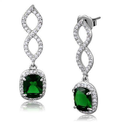 Jewellery Kingdom Ladies Green Emerald Dangle Handmade Rhodium Earrings (Silver) - Earrings - British D'sire Main image