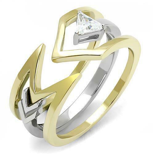 Jewellery Kingdom Ladies Guard Band Trillion Cz 18kt Stainless Steel 2 Pieces Ring Set (Gold) - Jewelry Rings - British D'sire