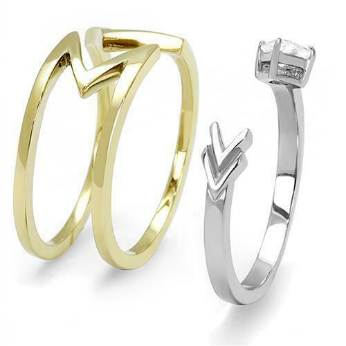 Jewellery Kingdom Ladies Guard Band Trillion Cz 18kt Stainless Steel 2 Pieces Ring Set (Gold) - Jewelry Rings - British D'sire