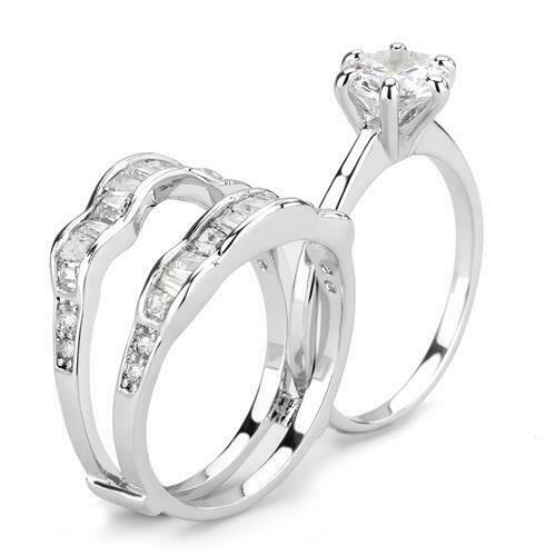 Jewellery Kingdom Ladies Guard Cubic Zirconia Solitaire Engagement Wedding Band Emerald Ring Set (Silver) - Jewelry Rings - British D'sire