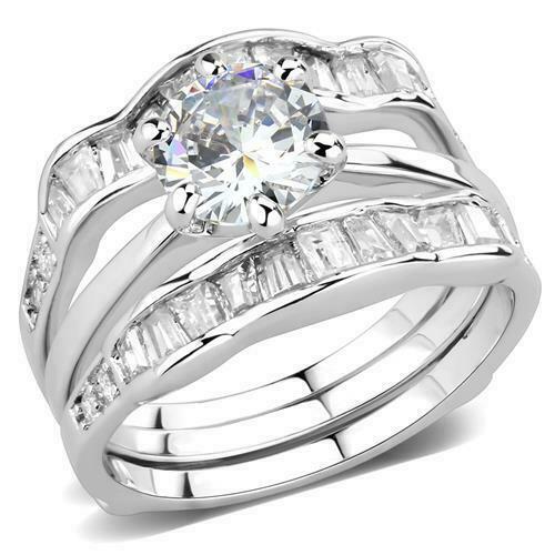 Jewellery Kingdom Ladies Guard Cubic Zirconia Solitaire Engagement Wedding Band Emerald Ring Set (Silver) - Jewelry Rings - British D'sire Main image