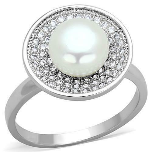 Jewellery Kingdom Ladies Handmade Cz Silver Rhodium Pretty Circle Pave Cream Pearl Ring - Jewelry Rings - British D'sire Main image
