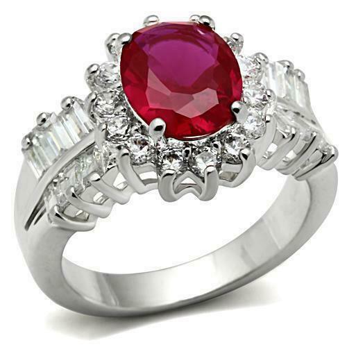 Jewellery Kingdom Ladies Handmade Oval Red Ruby Emerald Simulated Diamonds Ring (Silver) - Rings - British D'sire Main image