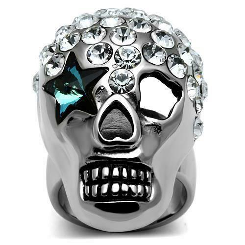Jewellery Kingdom Ladies Handmade Stainless Steel Blue Eye Cz Goth Biker Skull Ring - Jewelry Rings - British D'sire
