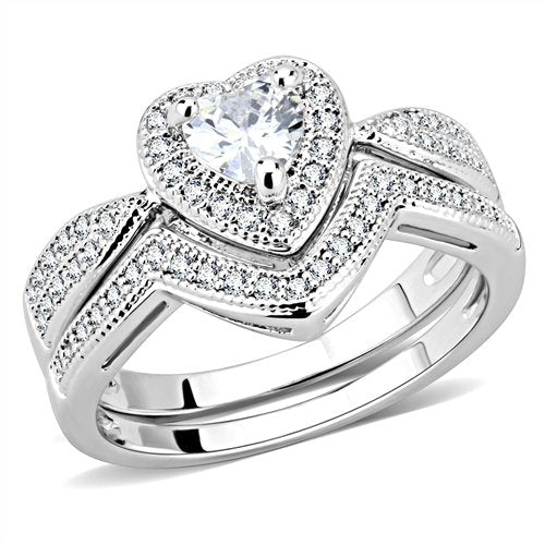 Jewellery Kingdom Ladies Heart Bridal Engagement Wedding Band Rhodium Ring Set (Silver) - Jewelry Rings - British D'sire Main image
