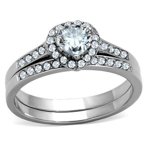 Jewellery Kingdom Ladies Heart Shape Wedding Engagement Set Cubic Zirconia Silver Ring - Jewelry Rings - British D'sire Main image