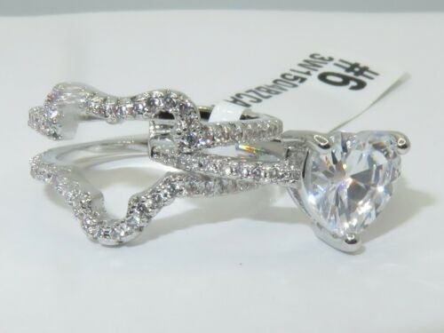 Jewellery Kingdom Ladies Heart Wedding Engagement Band Set 3pcs 2.50k Rhodium Ring (Silver) - Rings - British D'sire