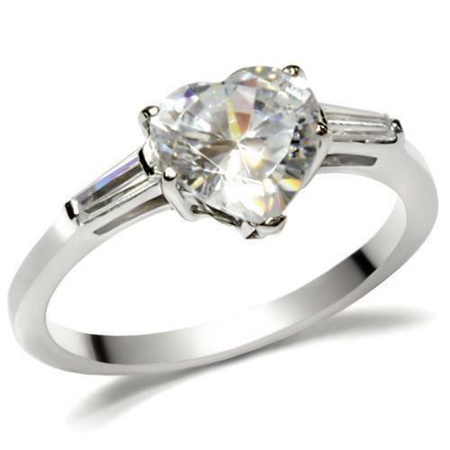 Jewellery Kingdom Ladies Heartbaguettes Cubic Zirconia Engagement Ladies Stainless Steel Ring (Silver) - Jewelry Rings - British D'sire Main image