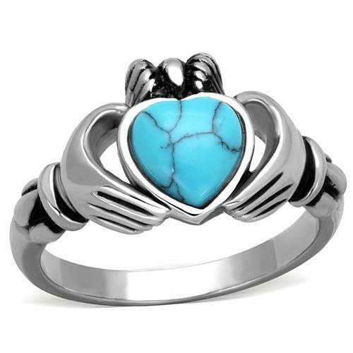 Jewellery Kingdom Ladies Irish Heart Turquoise Claddagh Genuine Gemstone Stainless Steel Ring (Silver) - Jewelry Rings - British D'sire Main image