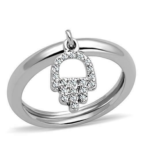 Jewellery Kingdom Ladies Jewish Hamesh Charm Band Hand Cz Silver Dangle Rhodium Good Luck Ring - Jewelry Rings - British D'sire