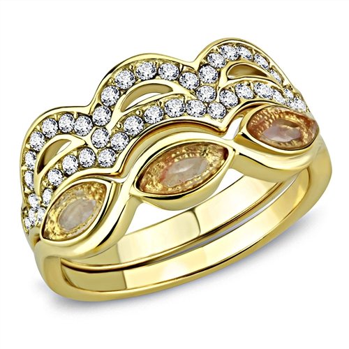 Jewellery Kingdom Ladies Marquise Champagne Engagement Wedding Band Steel Bezel Ring Set (Gold) - Jewelry Rings - British D'sire Main image