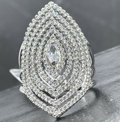 Jewellery Kingdom Ladies Marquise Cocktail Statement Simulated Diamonds Rhodium Ring (Silver) - Rings - British D'sire Main image