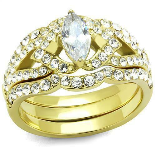 Jewellery Kingdom Ladies Marquise Steel Engagement Wedding Bands Ring Set (Gold) - Jewelry Rings - British D'sire Main image