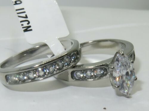 Jewellery Kingdom Ladies Marquise Wedding Engagement Set Band 1.50K Stainless Steel Ring - Rings - British D'sire Main image