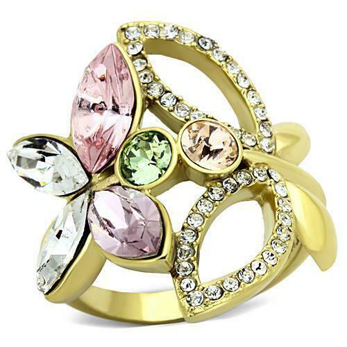Jewellery Kingdom Ladies Multi Coloured Marquise Flower 18kt Steel Cubic Zirconia Ring (Gold) - Jewelry Rings - British D'sire Main image