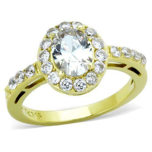 Jewellery Kingdom Ladies Oval 2c 18kt Steel Dress Engagement Pretty Pave Elegant Ring (Gold) - Jewelry Rings - British D'sire