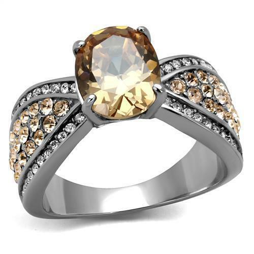 Jewellery Kingdom Ladies Oval Champagne Brown Cz Stainless Steel Ring (Silver) - Jewelry Rings - British D'sire Main image