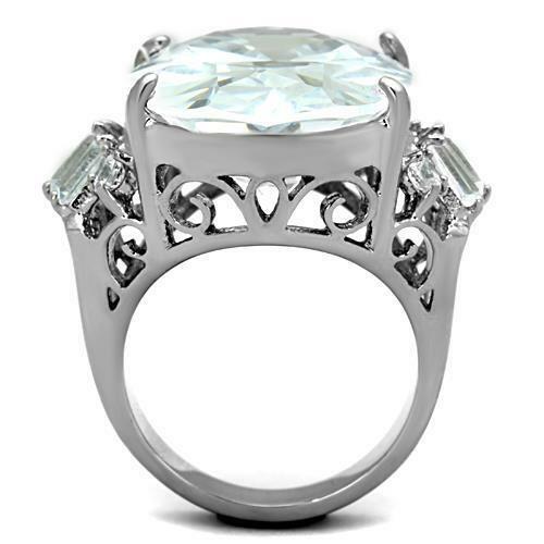 Jewellery Kingdom Ladies Oval CZ Cocktail 20 Carat Big Statement Stainless Steel Ring (Silver) - Jewelry Rings - British D'sire