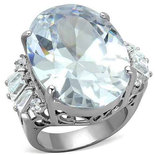 Jewellery Kingdom Ladies Oval CZ Cocktail 20 Carat Big Statement Stainless Steel Ring (Silver) - Jewelry Rings - British D'sire