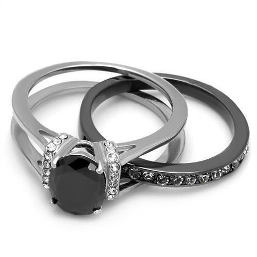 Jewellery Kingdom Ladies Oval Jet Cz Engagement Wedding Guard Stainless Steel Ring Set (Black) - Engagement Rings - British D'sire Main image