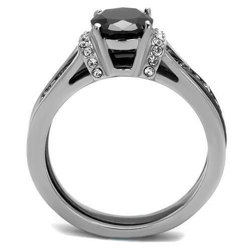 Jewellery Kingdom Ladies Oval Jet Cz Engagement Wedding Guard Stainless Steel Ring Set (Black) - Engagement Rings - British D'sire